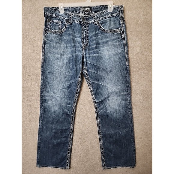 Silver Gordie Jeans Mens 38x34 (40x34) Blue Selvedge Distressed Hems Straight